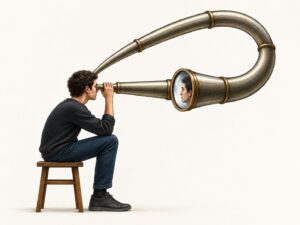 A man looking through a telescope that curves back to show his own eye, illustrating second-order observation and self-observing systems